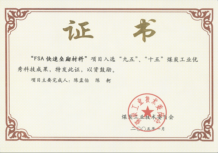 2005年1月FSA快速壘砌材料獲“九五、十五”科技成果獎(jiǎng).jpg